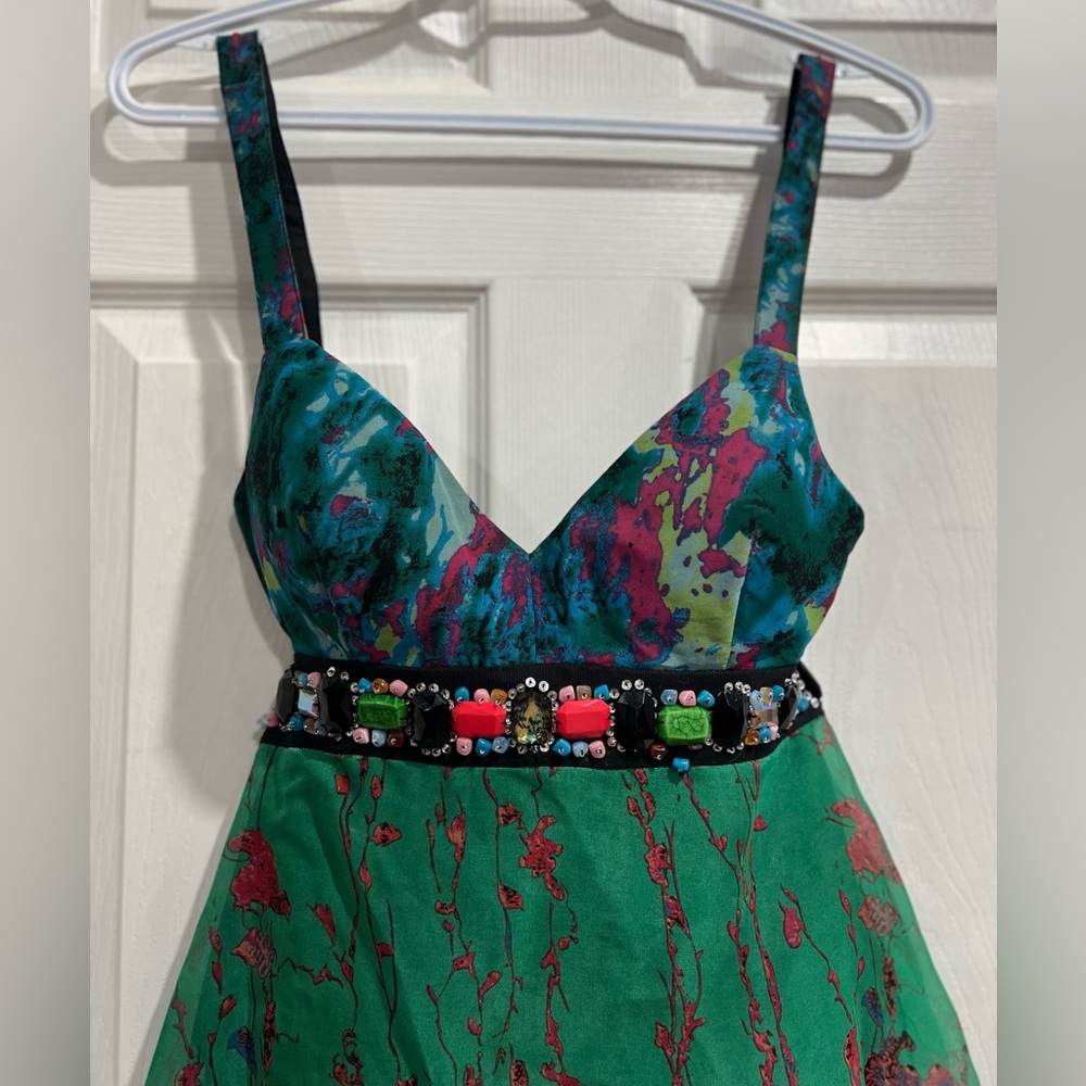 Meghan Los Angeles Multicolour Polyester Chiffon Mini Dress – Size 6✨Beaded Belt